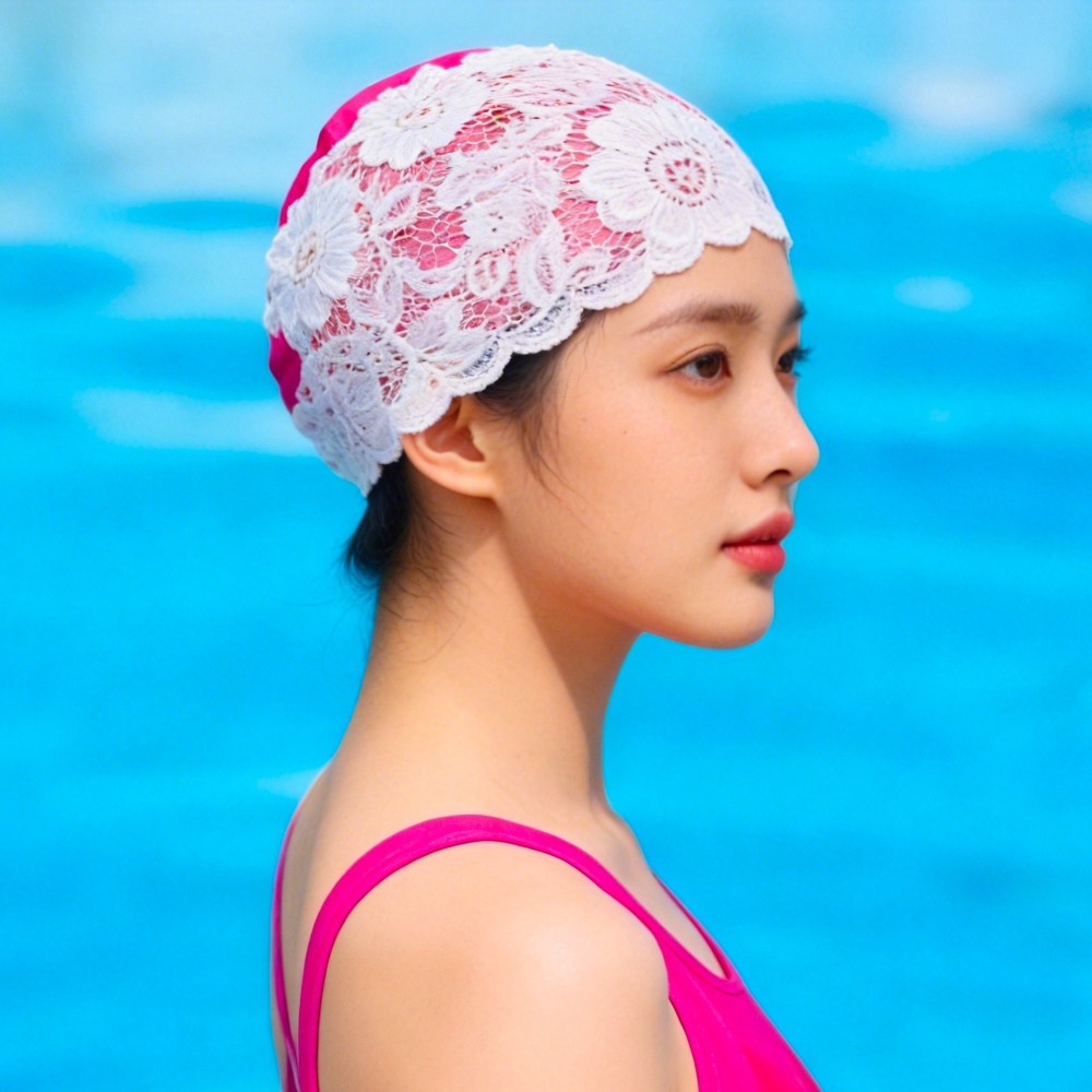 Aquatic Sports Cap - ファッション保護耳レース水泳キャップロングヘア防水女性水泳キャップ弾性 PU 入浴キャップ夏のビーチ