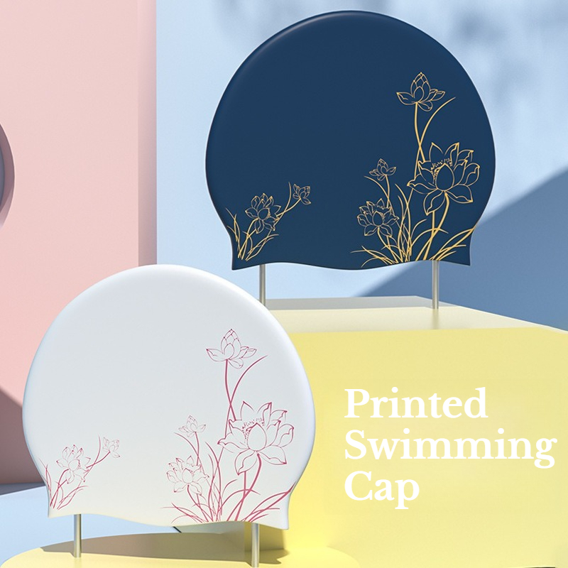 Aquatic Sports Cap - ロータスプリントスイミングキャップ 女性用 ロングヘア用 シリコン防水拡大スイムキャップ 耳保護スイミングキャップ 2色